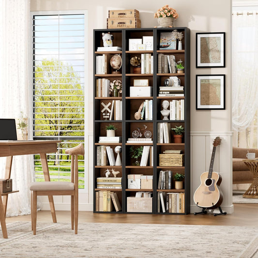 2 Pcs 71'' Tall Narrow Bookshelf, 8-Tier Media Tower Rack Set of 2, CD DVD Storage Cabinet with Adjustable Shelves, Tall Narrow Bookcase Skinny Display Bookshelf Slim Shelf, Black/Brown