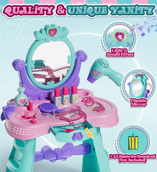 Kids Vanity Table and Chair Set with Mirror Light Music, Toddler Girls Makeup Table with Stool & Hair Dryer, Pretend Play Princess Dress up Vanity Set, Birthday Gifts for 3 Year Old Girl