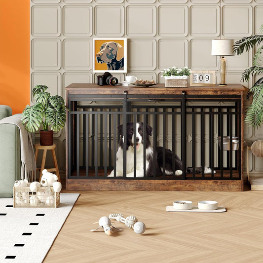 55" Large Dog Crate Furniture TV Stand - Heavy Duty Metal & Wood Dog Cage Table Kennel with Sliding Door and Food Bowl for Extra Large or Medium Dogs, Indoor Living Room Rustic Brown