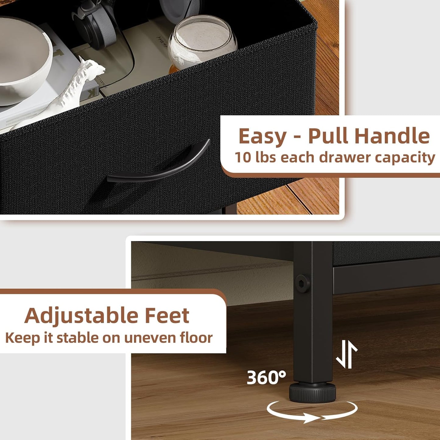 Black Nightstand, Small Dresser for Bedroom with 2 Drawers, Bedside Table Night Stand End Table with Fabric Bins for Bedroom Kids Closet Dorm Guest Room, Black Rustic Brown