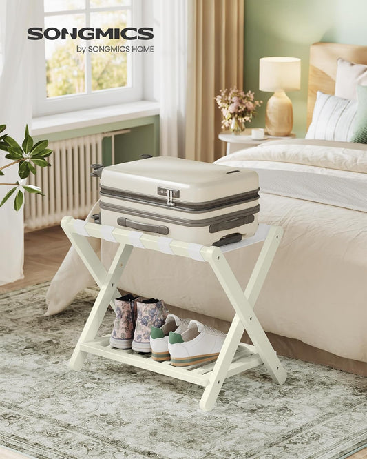 Solid Wood Luggage Racks, Set of 2, No Assembly Required, Foldable Suitcase Stand, Luggage Holder, with Storage Shelf, for Guest Room, Hotel, Bedroom, Cream White URLR021WZ02S
