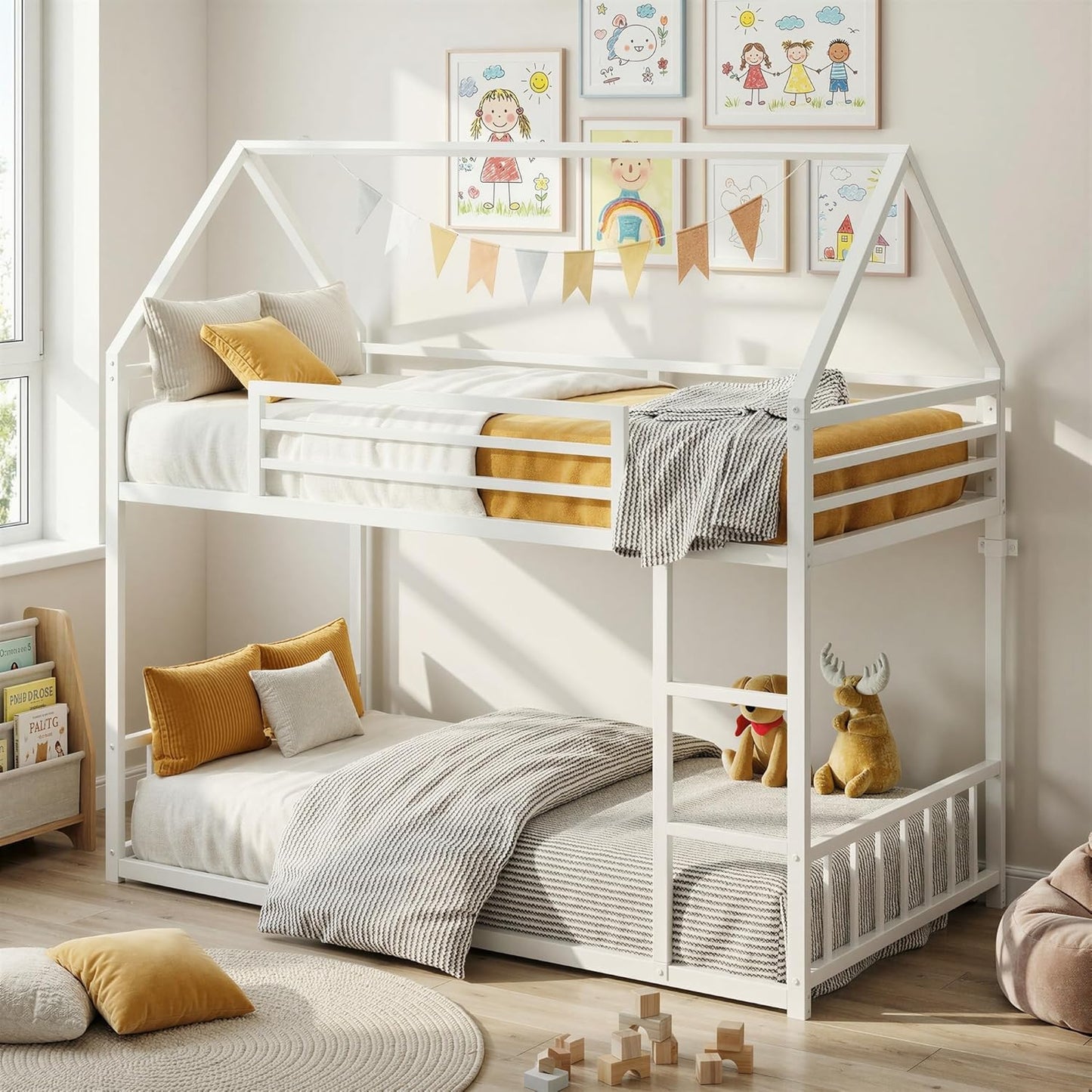 Bunk Bed Twin over Twin, House Bunk Bed Frame with Ladder and Guardrail, House Shaped with Metal Slats for Dormitory and Bedroom, Space Saving, No Box Spring Needed, White