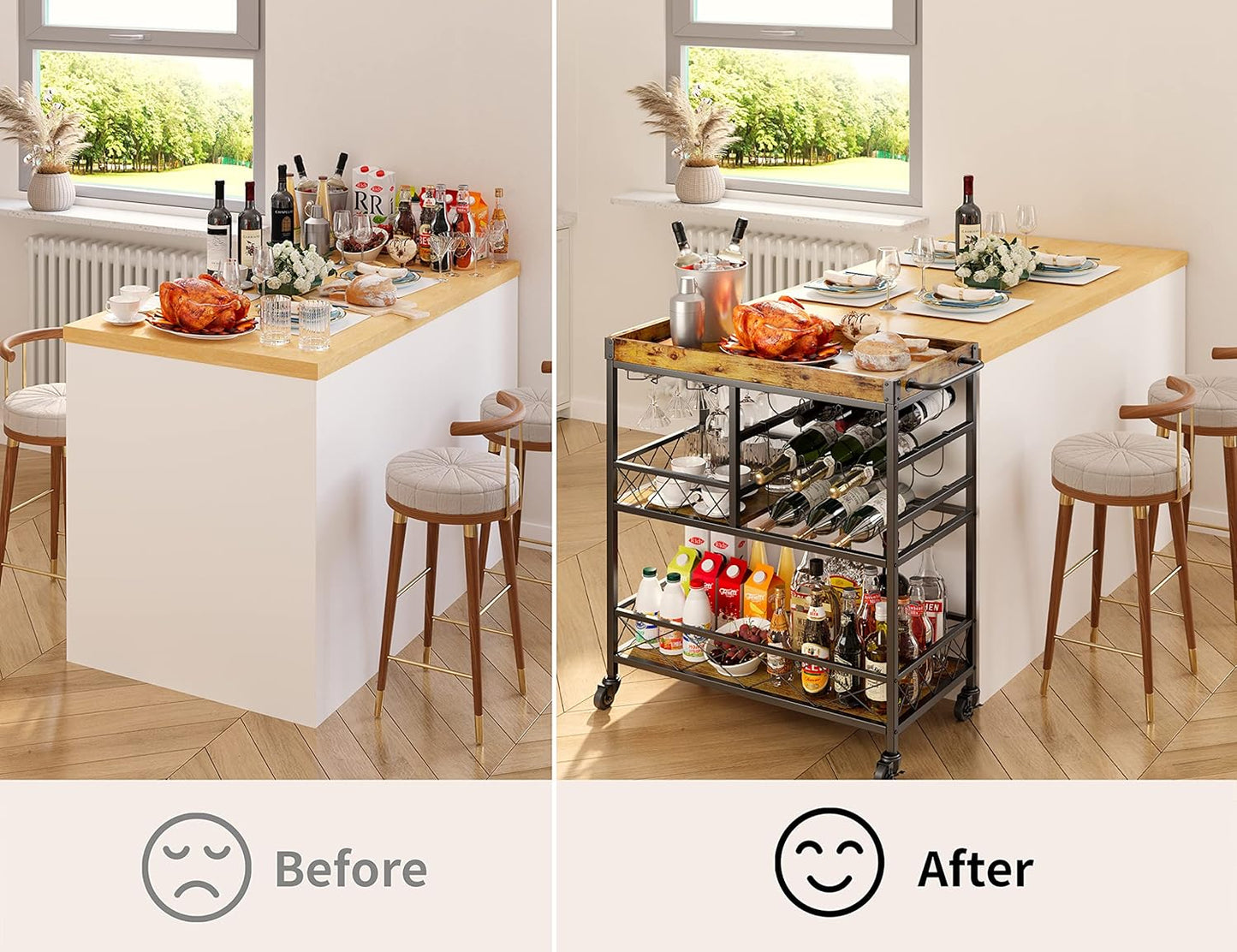 Bar Cart, 3 Tier Coffee Cart with Lockable Wheels, 12-Bottle Wine Rack, and Hanging Glass Holder, Kitchen Rack with Removable Tray, for Kitchen, Dining Room, Entertaining, Club Party,Retro