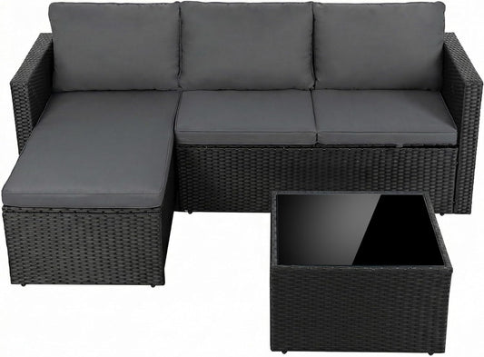 4 Pieces Patio Furniture Sets, Outdoor Sofa Patio Sectional Sets All Weather, 2-In-1 Wicker Rattan Seating Sofa Couch with Cushions & Coffee Table for Yard, Garden, Porch, Poolside (Gray)