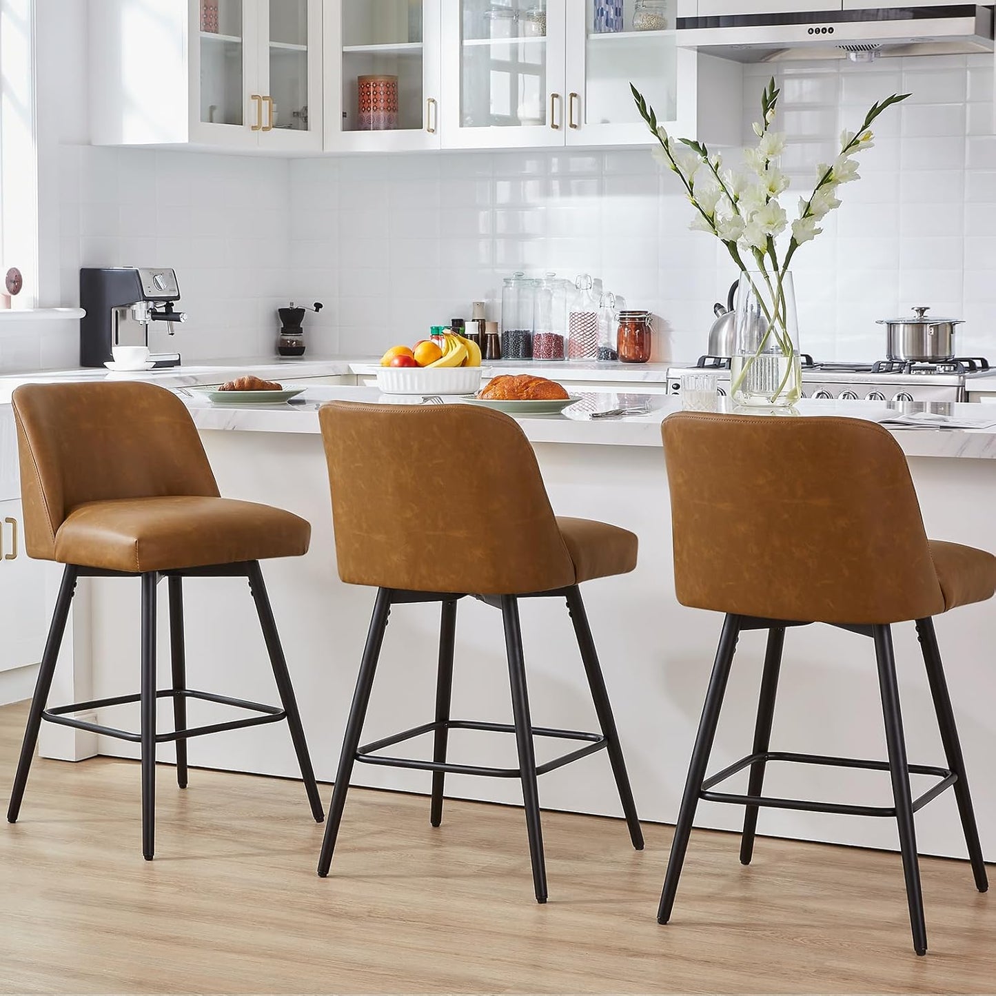 360°Swivel Counter Height Bar Stools Set of 2,Upholstered Morden Kitchen Barstools with High Backs,26" H Seat Height,Faux Leather (Faux Leather-Saddle Brown , 2 Pieces - 26" Counter Height)