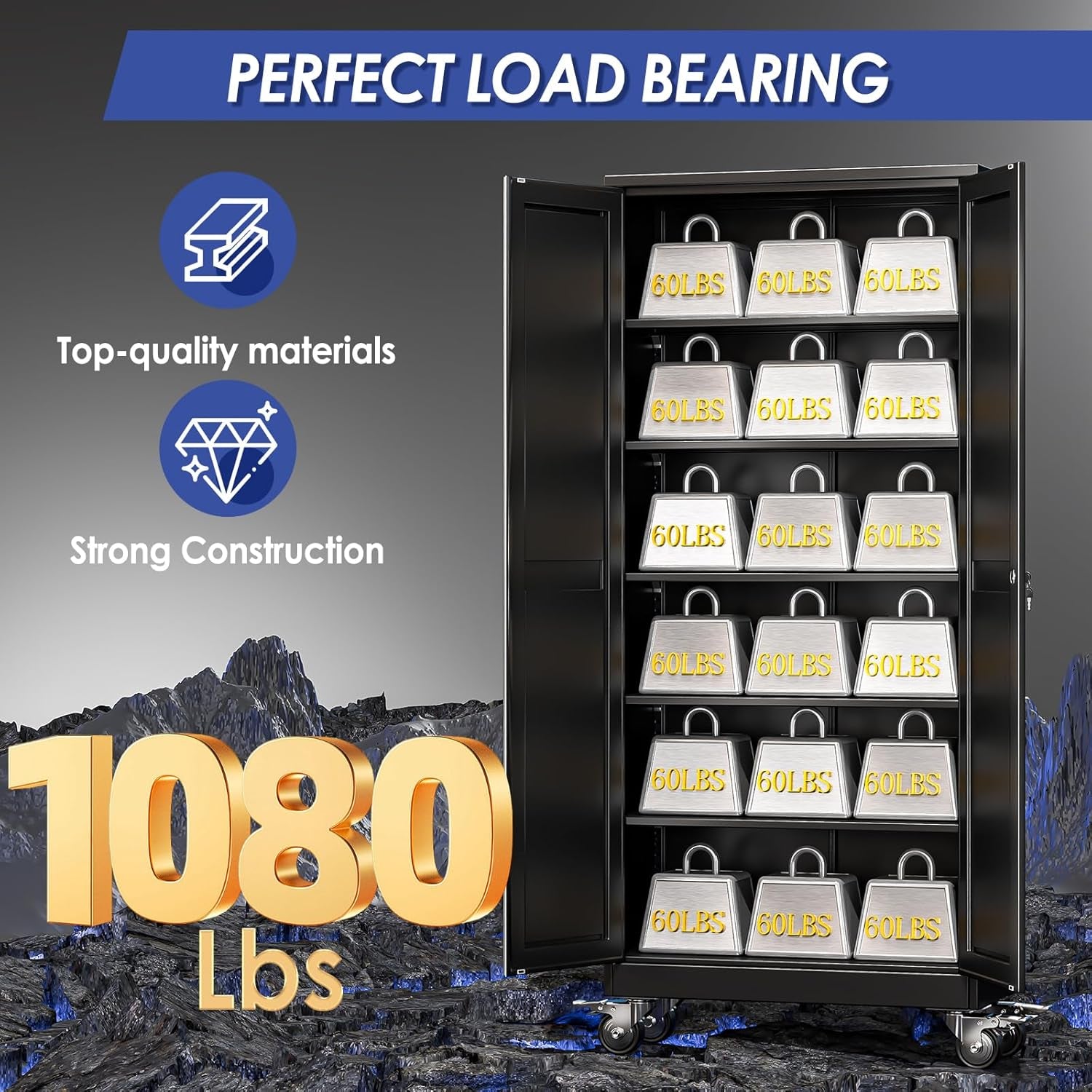 75" Tall Metal Garage Storage Cabinet with Wheels and Locking Doors and Tall Rolling Steel Tool Cabinet with 5 Adjustable Shelves for Garage,Home,Office,Shop (Black)