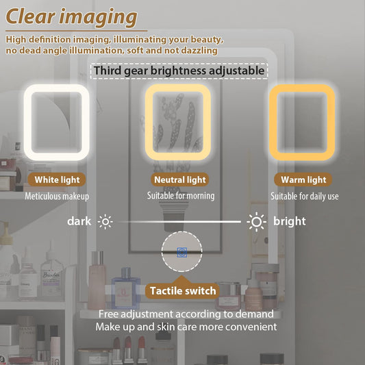 Vanity Set with Rectangular Mirror, Makeup Vanity Dressing Table with 5 Drawers, Shelves, Dresser Desk and Cushioned Stool Set (B White/Lighted Mirror)