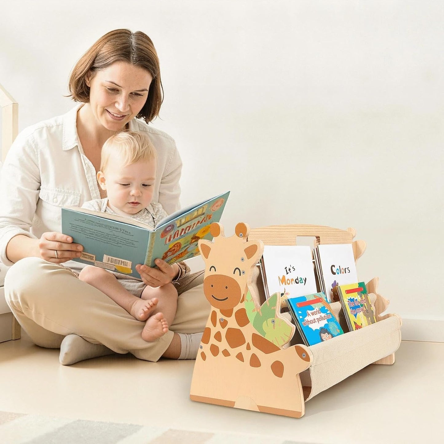 Toddler Bookshelf Double-Sided with 4 Tier Deep Sleeves Kids Wooden Montessori Book Rack for Baby Nursery Room, Playroom, Classroom or Bedroom Bookcase Storage Organizer, Brown Bear