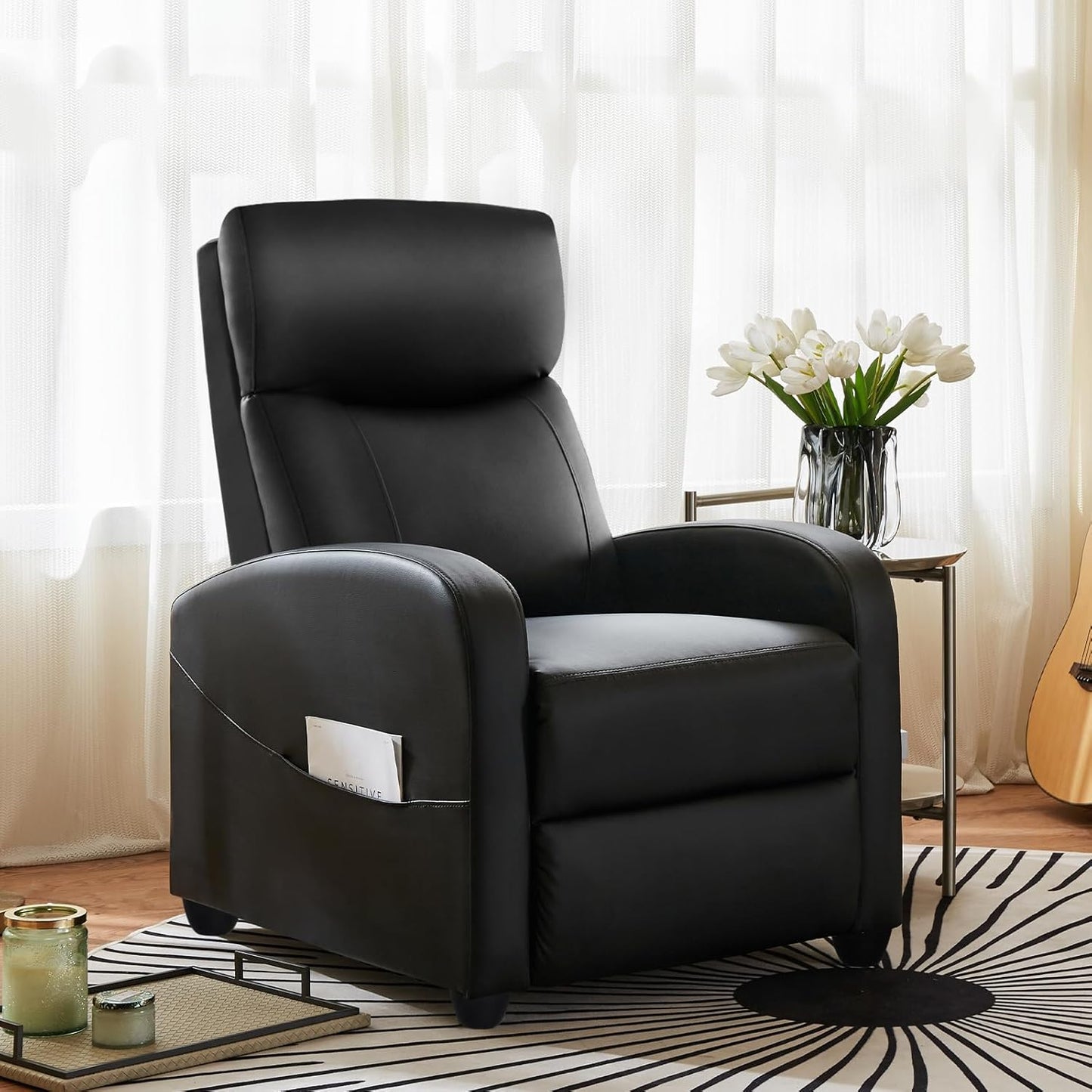 Recliner Chair for Living Room, Leather Home Theater Seating with Lumbar Support with Adjustable Backrest and Footrest, Modern Living Room Furniture with Padded Seat Backrest, Black