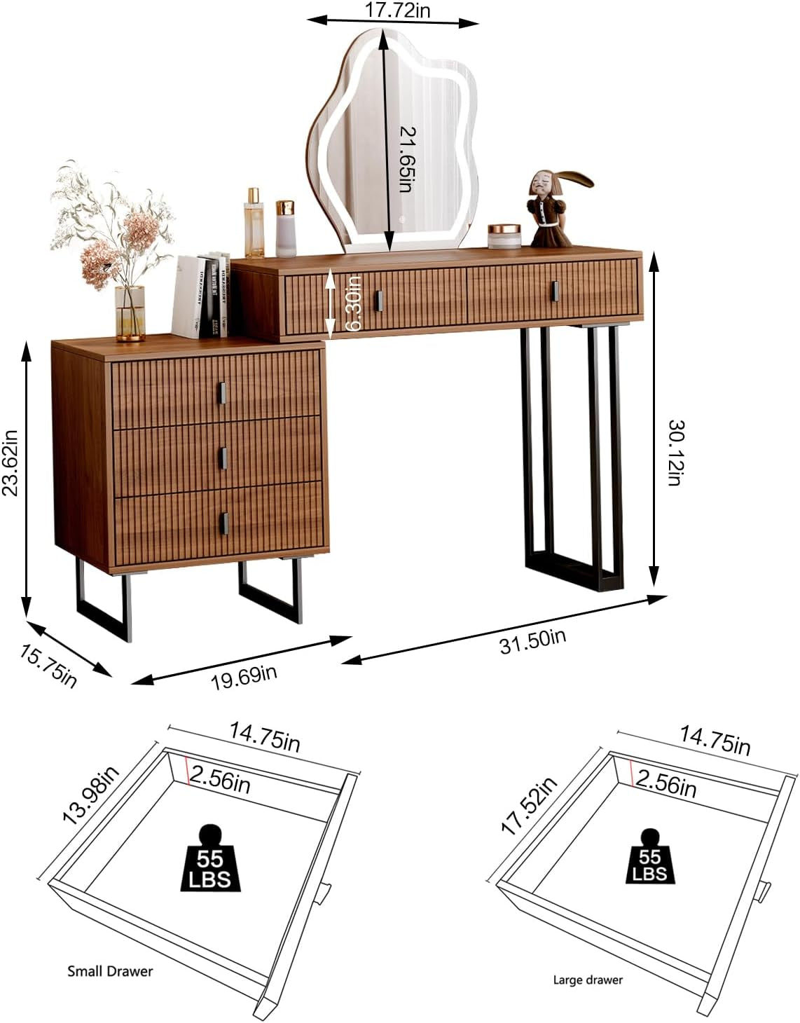 Brown Vanity Desk with Mirror and Lights,Small Makeup Vanity with 5 Drawers,Modern Makeup Table with Adjustable Cabinet for Bedroom,Makeup Room