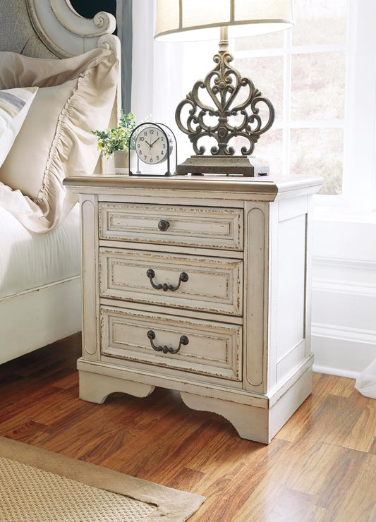 Realyn French Country 3 Drawer Nightstand with Electrical Outlets & USB Ports, 27.75" Tall, Chipped White