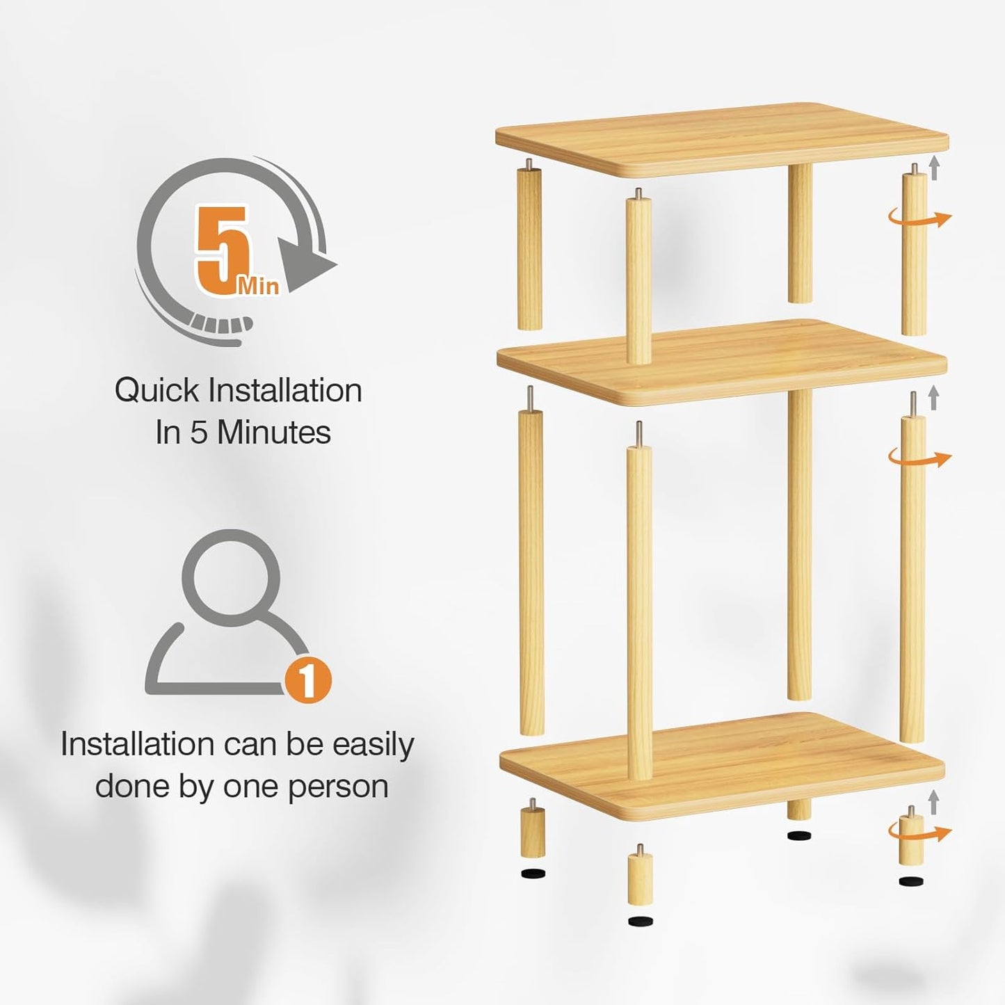 3 Tier End Table, Record Player Stand with Storage Shelf, Wooden Vinyl Record, Nightstand Bedside Table for Small Spaces, Bedroom, Living Room, Easy Assembly, Natural