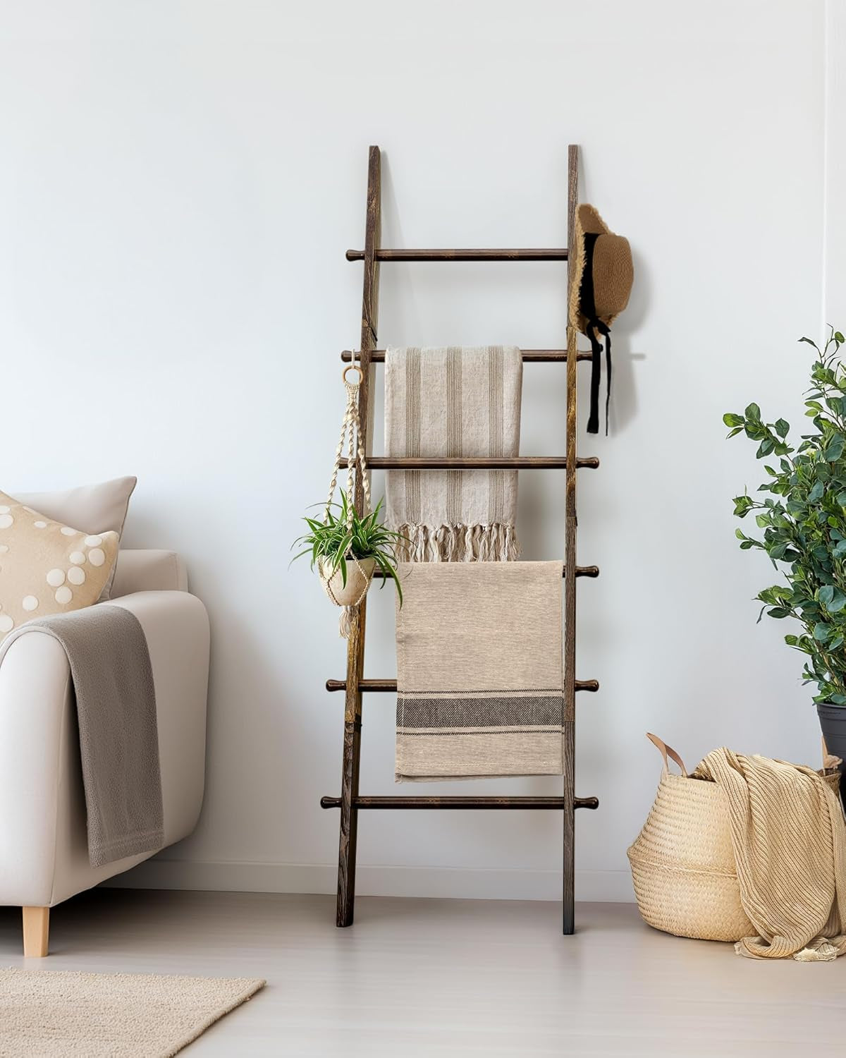 6-Tier Blanket Ladder with Hanging Knobs,5.5 Ft Wall Leaning Blanket Ladders for Living Room Bedroom,Rustic Decorative Storage for Quilts,Throws,Easy to Assemble,Rustic Brown