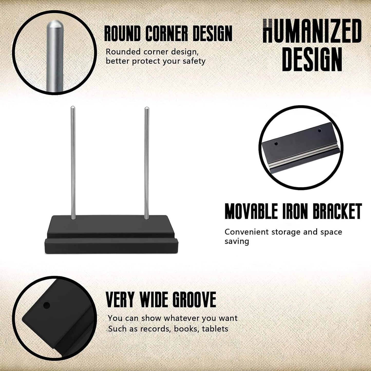 Tabletop Vinyl Record Holder - Display Now Playing, Holds Any Size Record - Doubles, Triple Gatefolds, Box-Sets (Black)