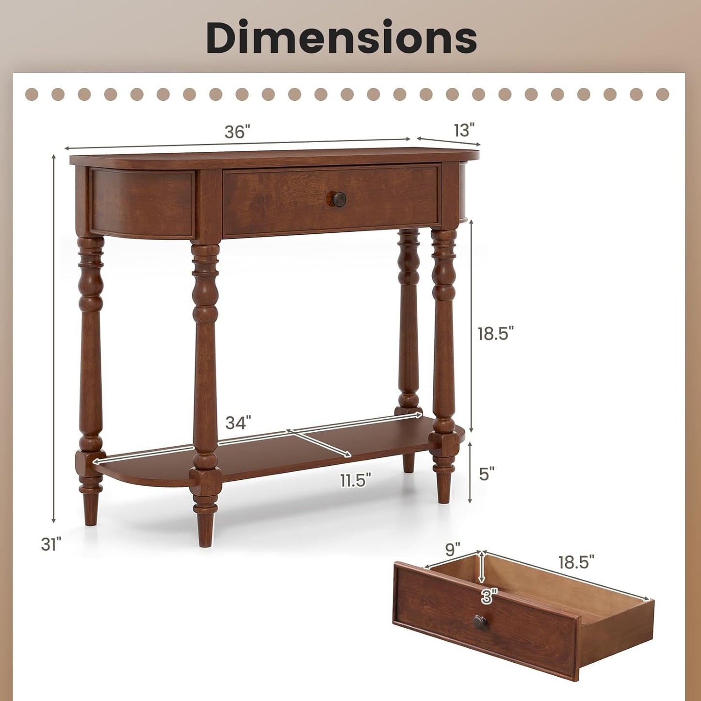 2-Tier Console Table, 36" Retro Entryway Table with Storage Drawer & Elegant Legs, Narrow Wooden Sofa Table with Open Shelf for Living Room, Foyer, Hallway, Bedroom, Entrance (Blue)