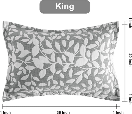 Cotton King Pillow Shams, 3 Layer Muslin Breathable Soft Thermal Yarn Dyed Sham Covers, 2 Pack 20X36 Oxford Pillowcases with Envelope Closure, Grey Leaf