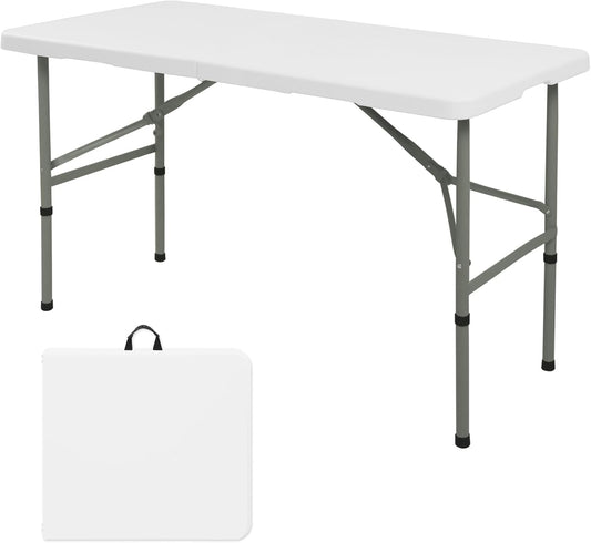 Folding Table 4FT Camping Table Portable Heavy Duty Plastic Rectangular Outdoor Dining Table Steel Legs Fold-In-Half with Carrying Handle for Indoor,Picnic,Party,Wedding,Events(White)
