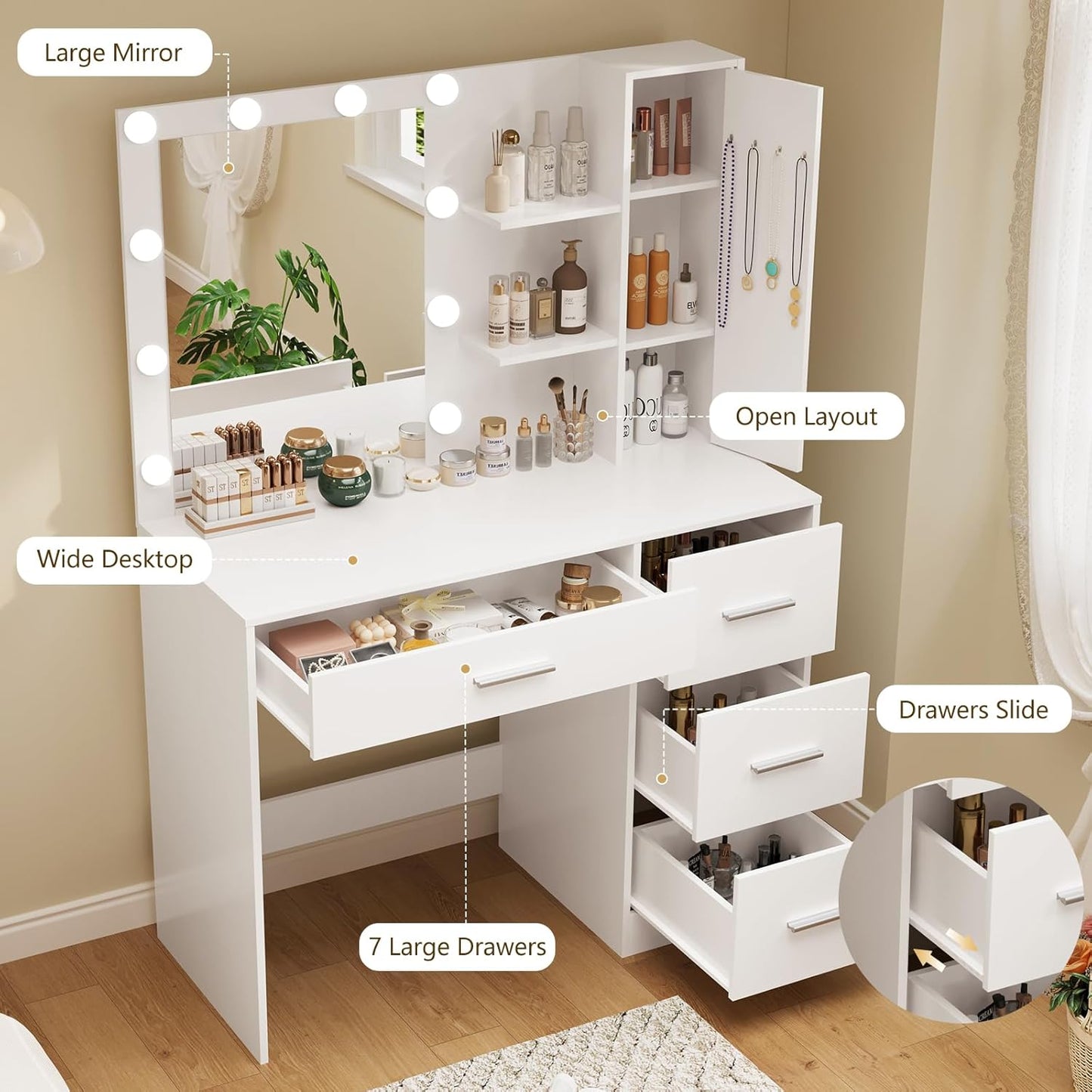 Makeup Vanity with Lights, Vanity Desk with Mirror and 10 LED Lights, Vanity Table Set with 4 Drawers, Cabinet & 4 Necklace Hooks, Dressing Table for Bedroom, White