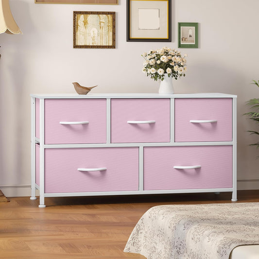 Wide Storage Tower with 5 Drawers - Fabric Dresser, Organizer Unit for Bedroom, Living Room, Closets & Nursery - Sturdy Steel Frame, Easy Pull Fabric Bins & Wooden Top (Pink)