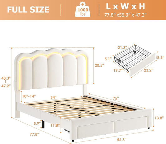 Full Upholstered LED Bed Frame with 2 Storage Drawers and Adjustable Chic Double Wavy Headboard, Velvet Princess Platform Bed with Charing Station, Solid Wood Slats Support,No Box Spring Needed,Beige