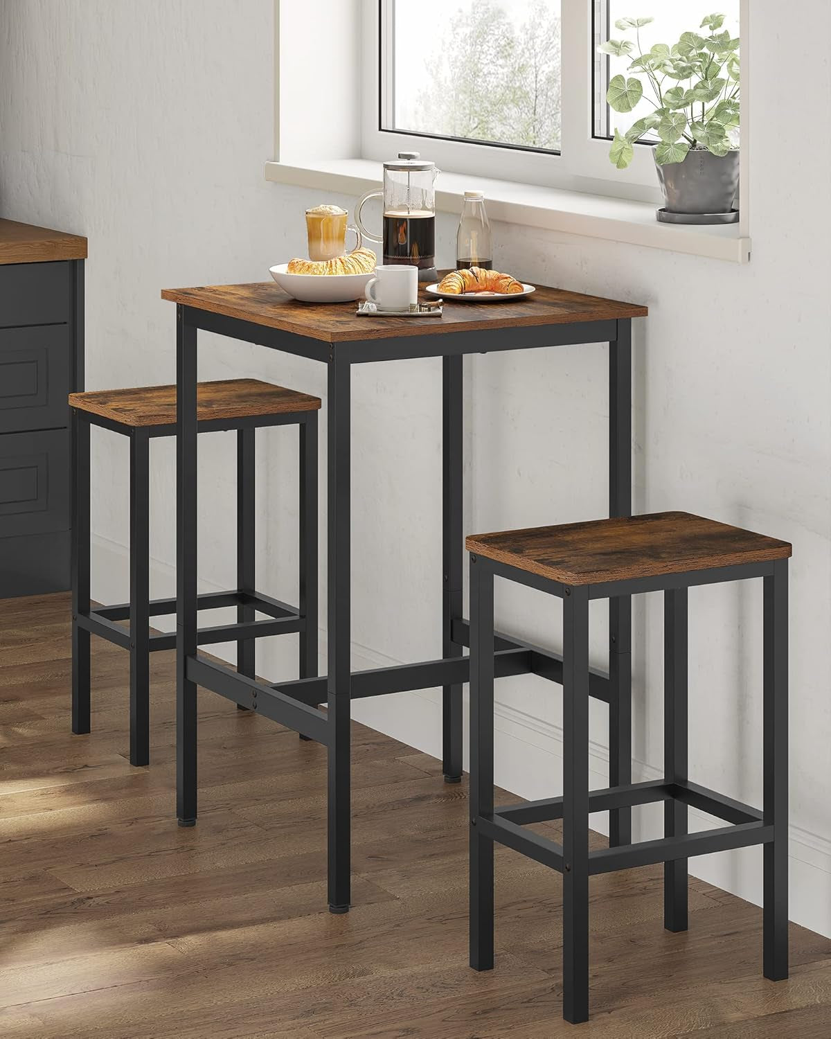 Bar Table, Small Kitchen Dining Table, High Top Pub Table, Bar Height Cocktail Table for Living Room Party, Sturdy Metal, 23.6 X 23.6 X 35.4 Inches for Narrow Spaces, Rustic Brown and Black