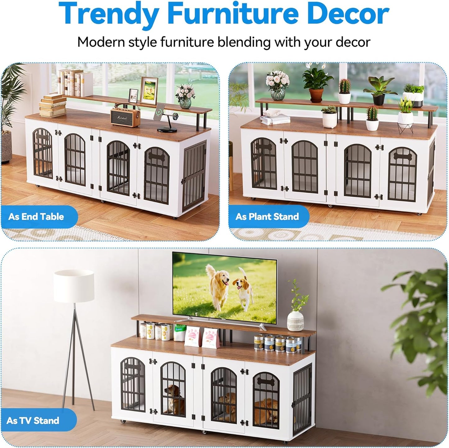 XL wooden double dog crate TV stand with divider and lockable wheels, view 7