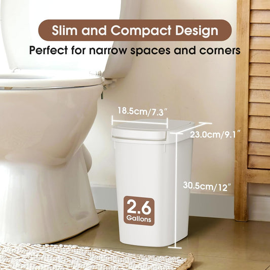 3 Pack Bathroom Trash Can with Lid, 10L/2.6 Gal Small Garbage Can with Press Top Lid, Slim Plastic Waste Basket for Toilet, Office, Bedroom (Muti 1)