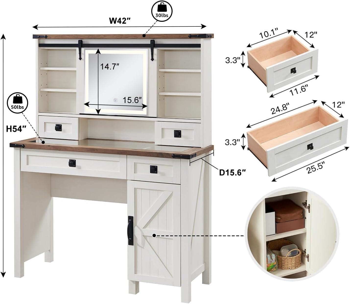 Farmhouse Makeup Vanity Desk with Sliding Mirror and Lights, 42'' Glass Tabletop Vanity Table with 2 Drawers & Shelves, Rustic Big Vanity Set for Bedroom, Antique White