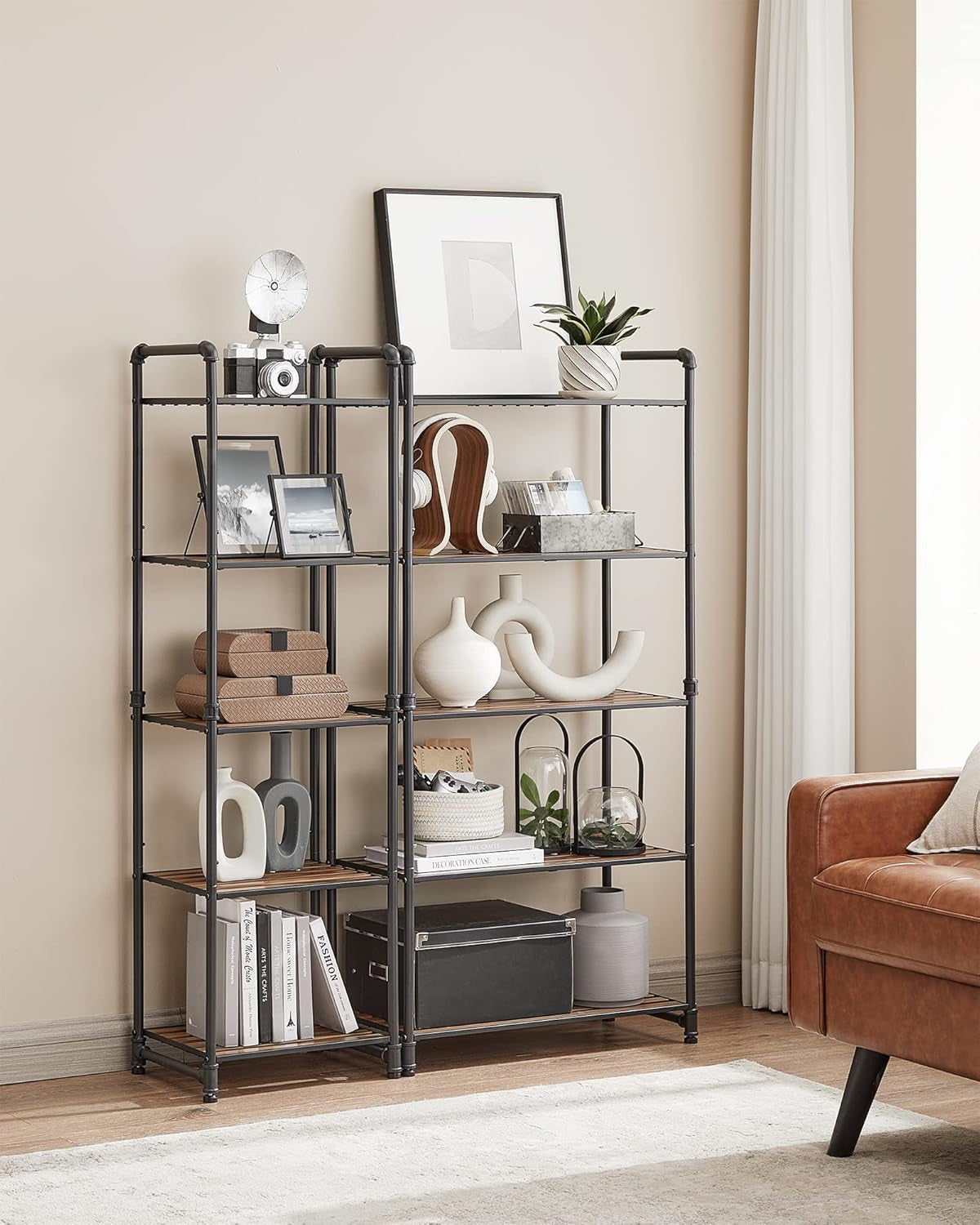 Bathroom Shelves, 5-Tier Storage Rack, Plant Flower Stand, 15.6 X 12.2 X 51 Inches, for Living Room, Balcony, Kitchen, Rustic Brown and Black UBSC25BXV2
