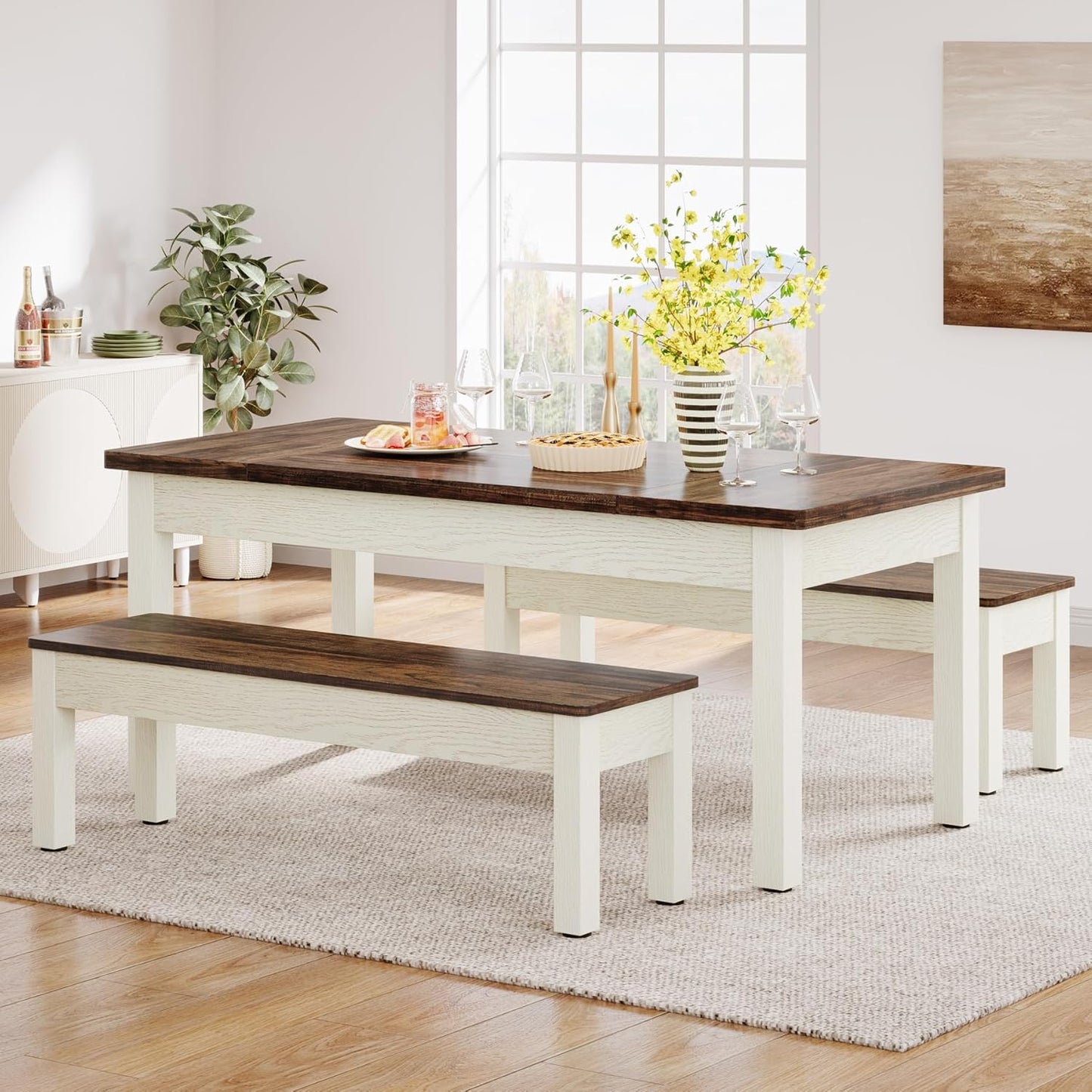 Farmhouse Kitchen Table Set for 4-6, 55-Inch Wooden Dining Table with 2 Benches, Space Saving 3 Pieces Heavy Duty Dinette for Dining Room, Kitchen, Small Space