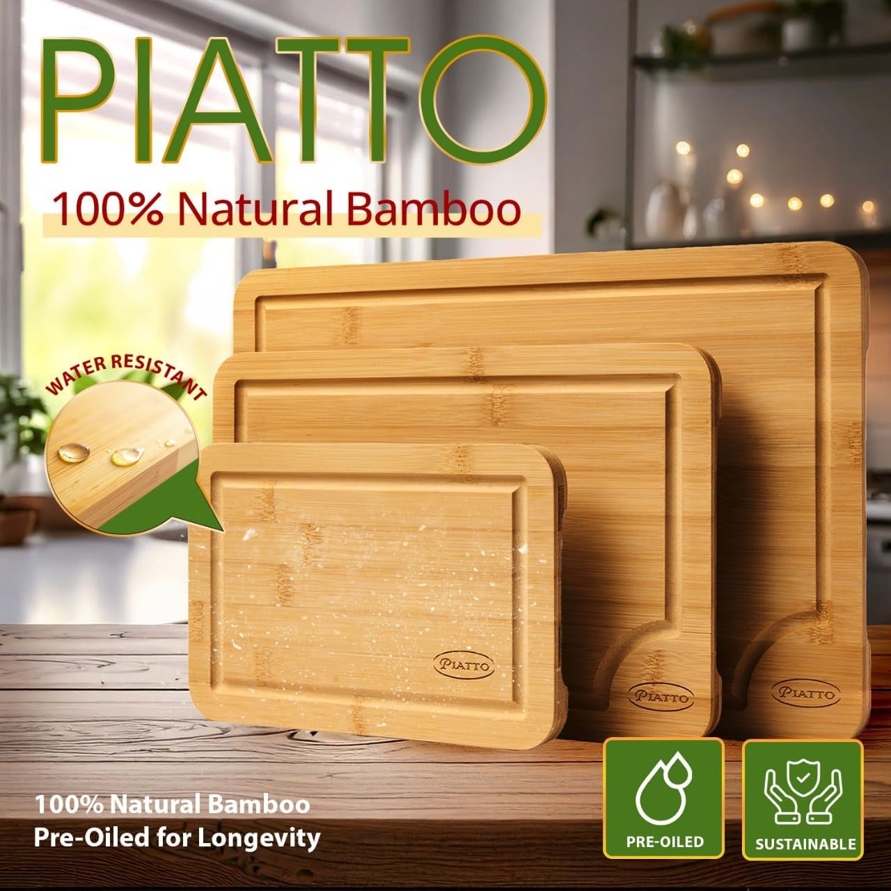 Bamboo Cutting Board for Kitchen (3 Pcs) – Durable Wooden Cutting Board Non Toxic – Chopping Boards for Kitchen with Deep Juice Groove and Built-In Handles, Ideal Charcuterie, Meat, Vegetables