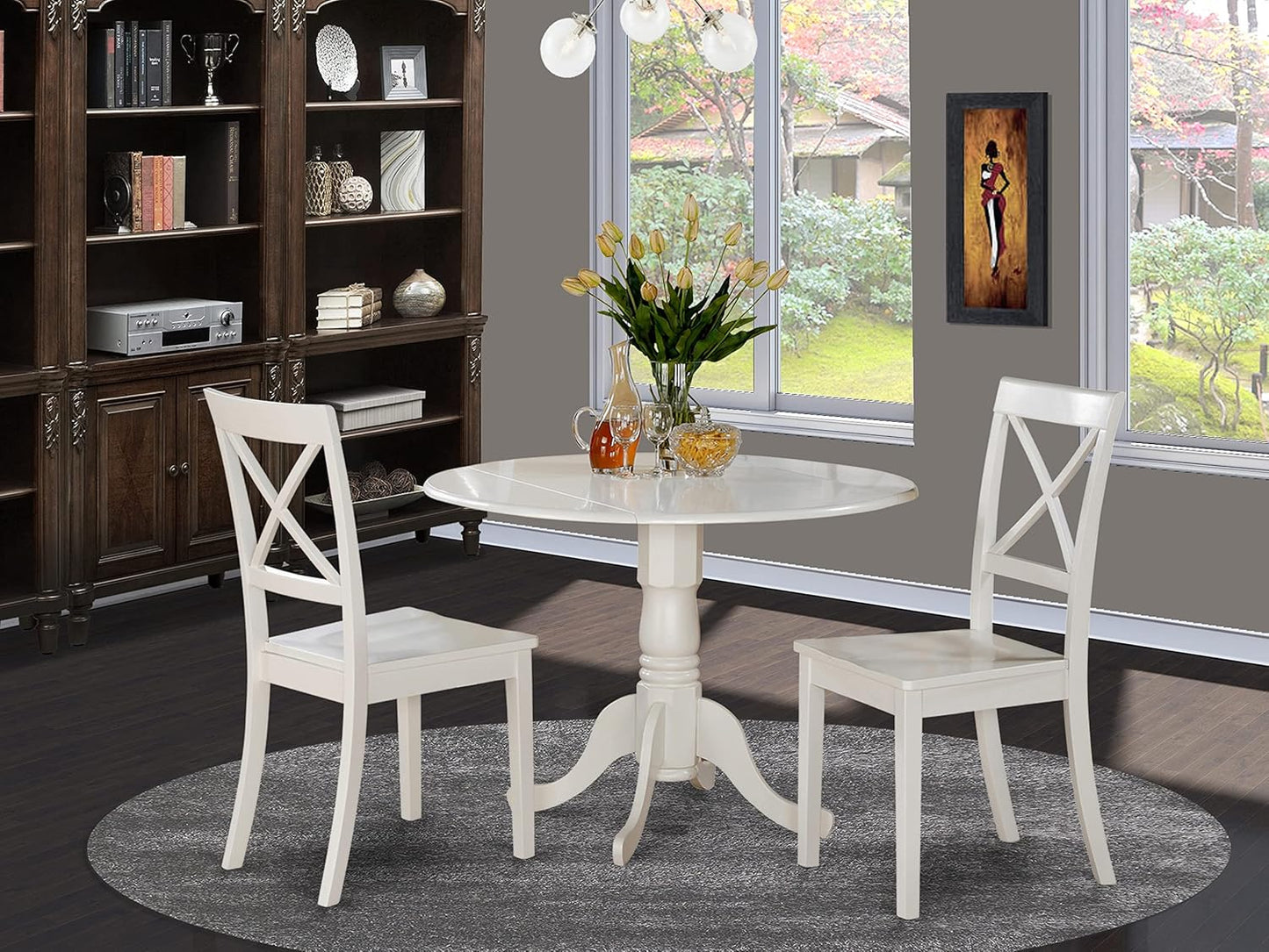 DLBO3-WHI-W 3 Piece Dining Room Table Set Contains a round Kitchen Table with Dropleaf and 2 Dining Chairs, 42X42 Inch, Linen White