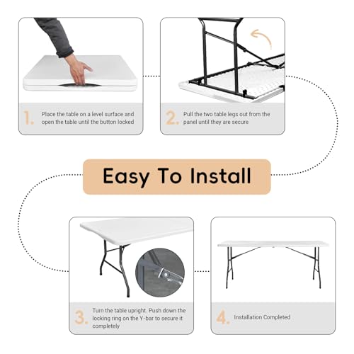 6FT Folding Table Plastic 6 Foot Foldable Table HDPE Portable Banquet Surface Fold-in-Half Desk Utility for Working Meeting,Parties, Picnic, Camping, Weddings, Catering, Garden Dining-White