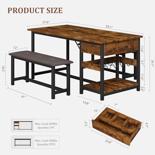 Dining Table Set for 4, Dining Room Table with Storage Drawers & Wine Rack, Kitchen Dining Table Set with Upholstered Benches for Dining Room-Retro Brown
