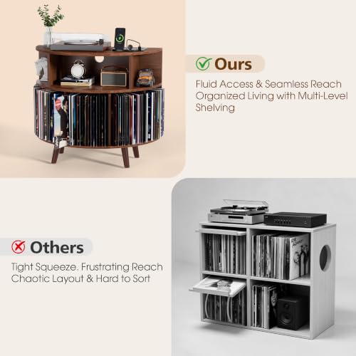 31.5" Record Player Stand with Power Outlet, Curved Vinyl Storage Cabinet, view 7