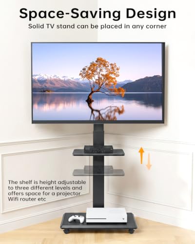 Rolling TV Stand, Mobile TV Cart for 32-75 Inch TVs up to 110 lbs, 18 Adjustable Heights, TV Floor Stand with Swivel Mount & Shelf, Max VESA 600x400mm, TV Stand on Wheels for Bedroom, Office, Outdoor
