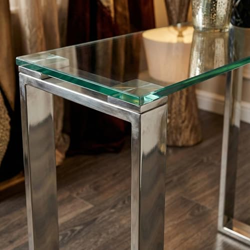 Forli Small Entry Way Console Table Contemporary Glass and Stainless Steel Finish 28 in Wide Accent, Silver and Clear