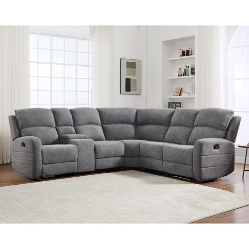 Fabric L-Shaped Reclining Sectional Sofa Couch for Living Room, Manual Recliner Oversized Sofa, with Padded Headrest, 2 Cup Holders, Storage Space, 5-Seater Home Furniture Set, Grey