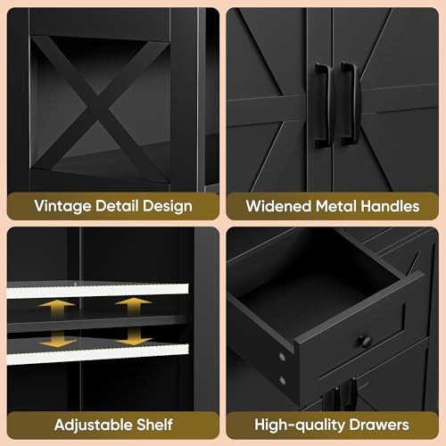 Farmhouse Storage Cabinet, Bathroom Floor Cabinet Kitchen Pantry with Doors and Drawers, Hutch Cupboard for Living Room, Bedroom, Laundry, Black