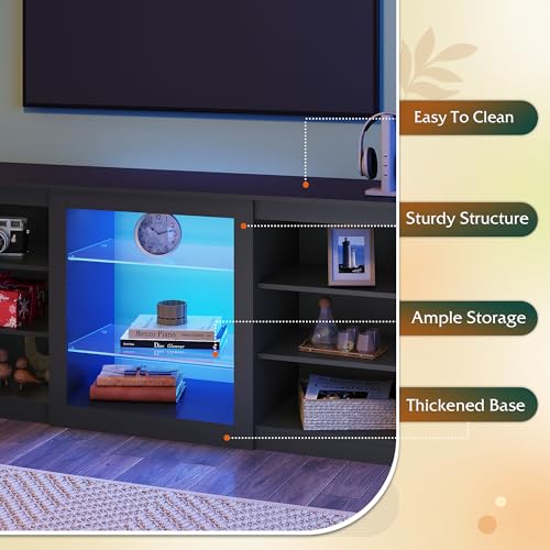 Modern TV Stand for 65 Inch TV, Entertainment Center with Adjustable Open Shelves & RGB LED Lights, Sturdy Media Console for Living Room, Bedroom,Gaming (Black)