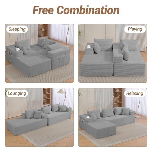 105'' Cloud Sectional Couch, Modular L-Shaped Boneless Sectional Sofa, Corduroy Deep Seat Couch, Small Space Sofas for Living Room Bedroom Apartment, No Assembly, Grey