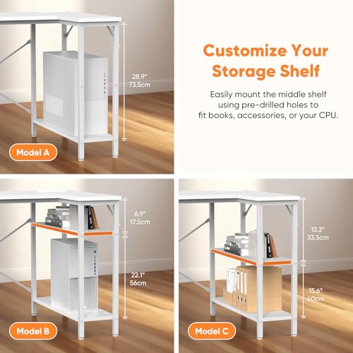 L Shaped Desk with Shelf Drawers 47 Inch, White Corner Computer Desks Gaming with Power Outlet, Study Table with Adjustable Shelves, Home Office Tables for Bedroom Teacher Reading Writing