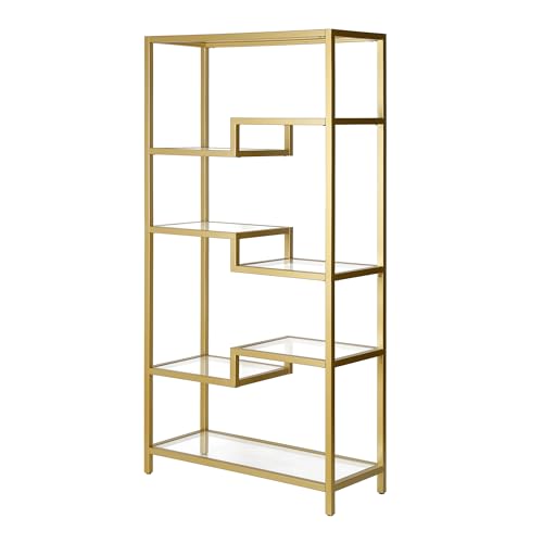 68" Tall Rectangular Bookcase in Brass, for Home Office, Living Room | Open glass shelving displays books, plants, and décor in living rooms, offices, or entryways while keeping spaces bright