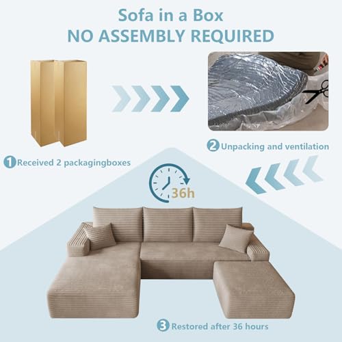 95" Cloud Sectional Couch with Ottoman,Modern U-Shaped Cloud Couch with Deep Seat,Comfy Corduroy 3-Seater Sofa,Memory Foam Sofa for Living Room,No Assembly (Camel,Left-Facing Chaise)