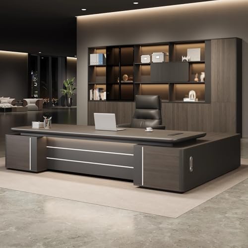 L-Shaped Executive Office Desk with Side Cabinet, Lockable Drawer, view 2