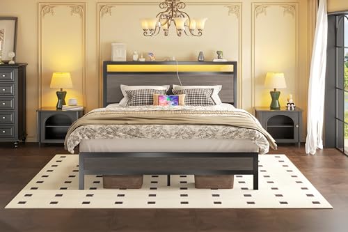 Queen Bed Frame with Headboard, Fast-Charging & LED, Storage Shelf, view 7