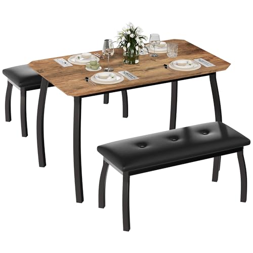 Dining Table for 4, 3-Piece Kitchen Table Set for 4 with Wooden Tabletop and Metal Frame, Industrial Kitchen Table with 2 PU Leather Benches for Bar, Dining Room, Restaurant(43''x28''x30''), Retro