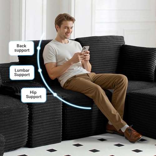 150 Inch Modular Sectional Sofa Couch, Oversized Modern Cloud Couch for Living Room, U Shape Couches with 2 Ottomans, USB Ports and Cup Holders, Black Corduroy Boneless Sofas, Sofa in a Box