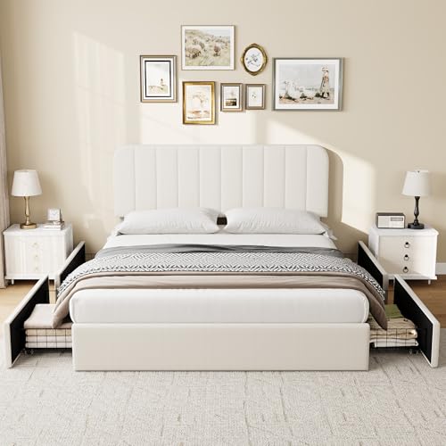 Queen Size Bed Frame, Velvet Upholstered Storage Bed with 4 Drawers, Adjustable Headboard, Modern Bedroom Furniture, Beige