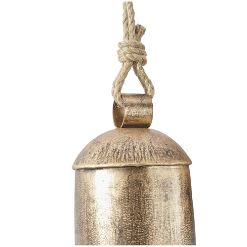 Deco 79 Metal Cow Bells, Meditation Bell, Set of 3, 10", 7", 5"H, Gold Gold | Indoor metal art Tibetan inspired decorative cow bells with jute hanging rope, living room wall decor